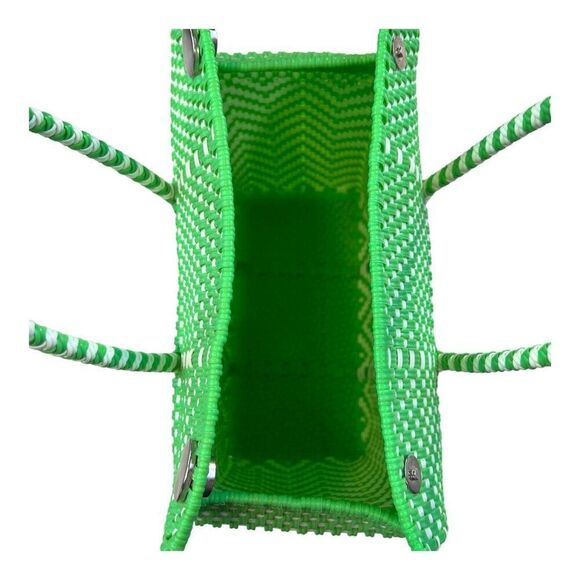 Women's Green White Handwoven Recycled Plastic Mexican Bag Handcrafted Square - Picture 9 of 13